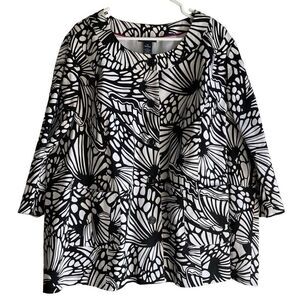 Maggie Barnes Womens Jacket 3X 3/4 Sleeve Collarless Abstract Butterfly Stretch